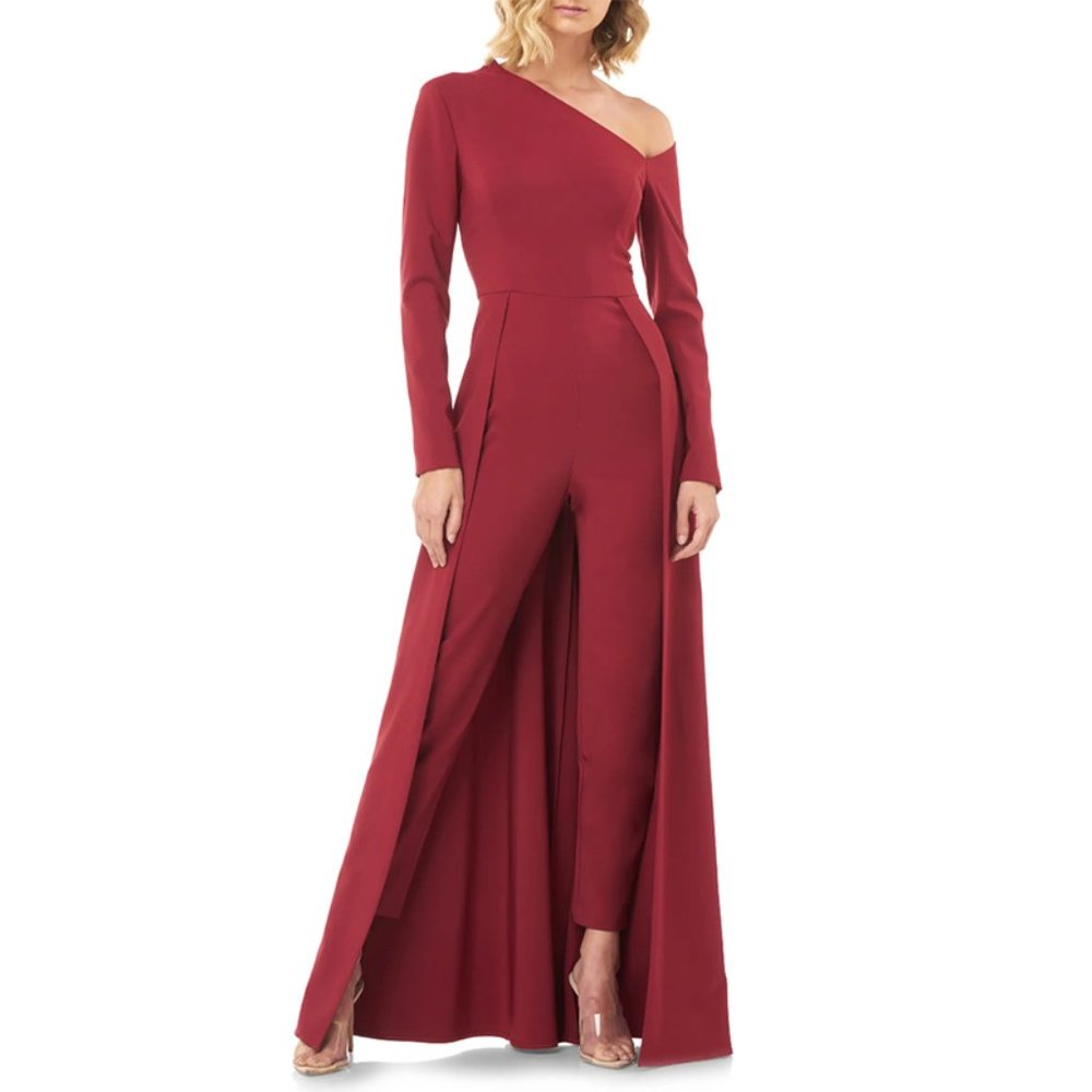 Kay Unger Arya Jumpsuit Walkthrough Overlay Skirt Asymmetric Neck Wine Red 6